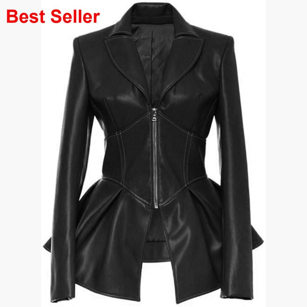 Faux Leather Biker Jacket with Zip Up Long Sleeves